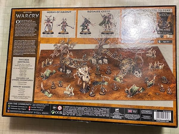 The back cover of the box for Heart of Ghur, the first boxed set for the new edition of Warcry, a skirmish game by Games Workshop.