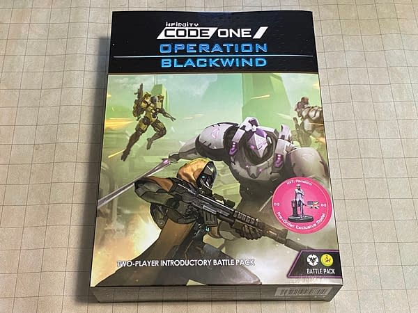 The front face of the box for Operation: Blackwind, a new boxed set for Infinity CodeOne, a game by Corvus Belli.