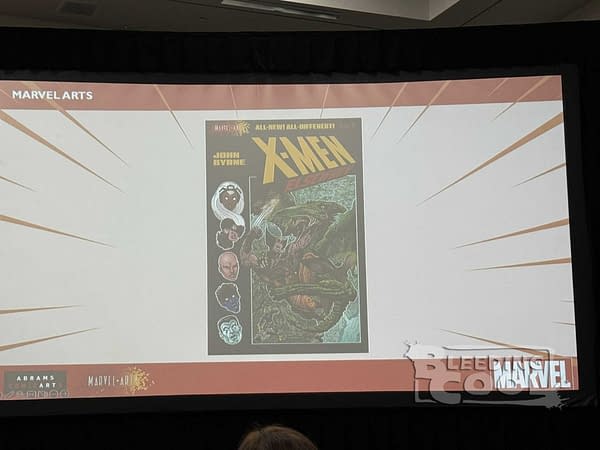 A colorful X-Men comic book cover illustrated by John Byrne, promoting X-Men: Elsewhen Vol. 1, in a slide from the Marvel Arts panel at San Diego Comic-Con.