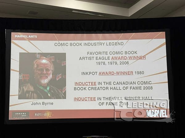 A presentation slide featuring John Byrne, a notable comic book artist, with a portrait of him and text highlighting his achievements, including multiple awards and Hall of Fame inductions in the comic book industry.