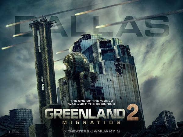 A dystopian cityscape depicting the aftermath of a disaster, featuring crumbling buildings covered in vegetation. The title 'GREENLAND 2: MIGRATION' is prominently displayed, alongside the word 'DALLAS' and the tagline 'THE END OF THE WORLD WAS JUST THE BEGINNING,' indicating a theme of survival and migration.