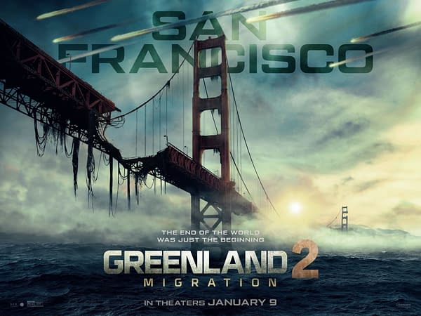 A dramatic movie poster for 'Greenland 2: Migration', featuring the Golden Gate Bridge partially submerged in turbulent waters under a stormy sky, with a large title and the text 'San Francisco' prominently displayed.