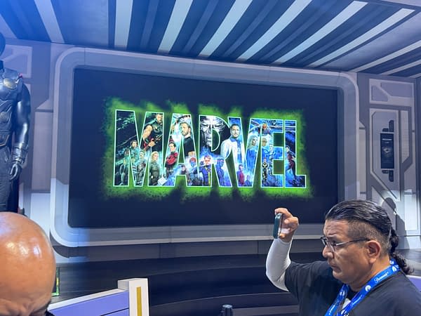 Marvel booth display at SDCC showing a large