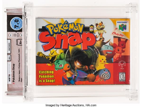 The front of the box for the graded copy of Pokémon Snap for the Nintendo 64 console, on auction at Heritage Auctions right now!