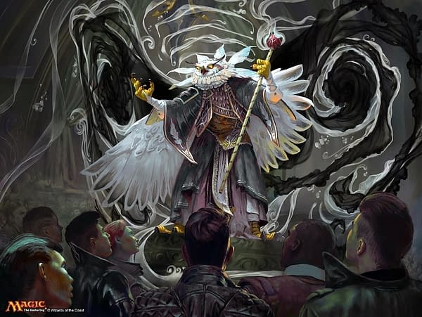 The art for Breena, the Demagogue, a new card from Magic: The Gathering and the face card of the "Silverquill Statement" Commander 2021 deck. Illustrated by Simon Dominic.