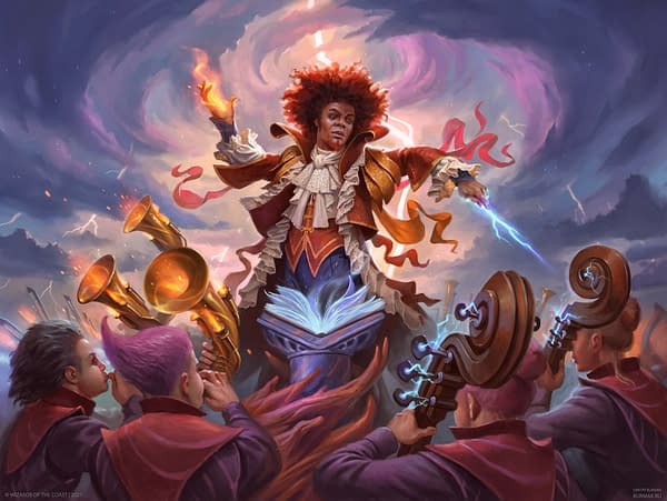 The art for Zaffai, Thunder Conductor, the face commander for "Prismari Performance", one of the five new Magic: The Gathering preconstructed decks to coincide with the Strixhaven expansion. Illustrated by Dmitry Burmak.