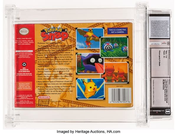 The rear of the box for the graded copy of Pokémon Snap for the Nintendo 64 console, on auction at Heritage Auctions right now!