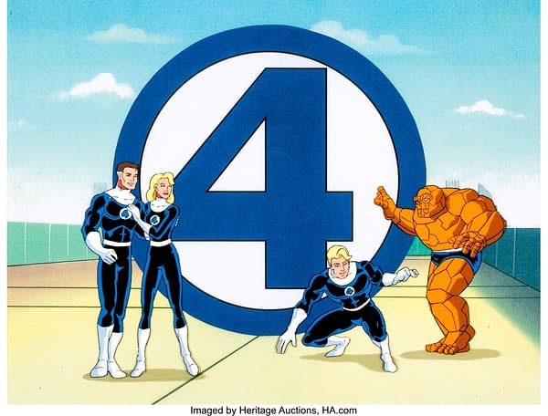 Fantastic Four Mr. Fantastic, Invisible Woman, Human Torch and Thing Opening Titles production cel. Credit: Heritage