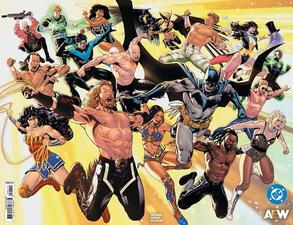 A colorful comic-style illustration showcasing a crossover of wrestling and superhero characters from AEW and DC Comics, including iconic figures like Batman and Wonder Woman, among others, all dynamic and in action poses against a bright backdrop.