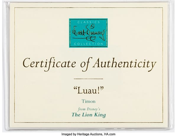 "Luau!" Timon Walt Disney Classics Collection Figurine certificate of authenticity. Credit: Heritage Auctions