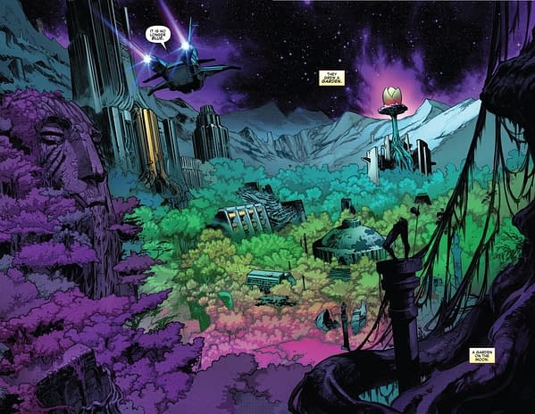 Empyre: Avengers #0 - Cotatu foliage is growing back over the Kree city. Preview Page from Marvel Comics.