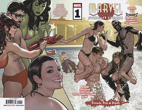 Cover image for MARVEL SWIMSUIT SPECIAL: FRIENDS FOES AND RIVALS #1 ADAM HUGHES COVER