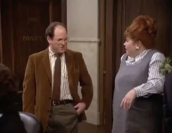 A screenshot of George Costanza in the famous Seinfeld episode being compared to Joey Ryan trying to ignore his cancellation and return to wrestling.