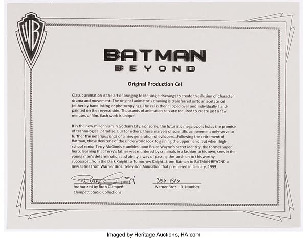 Batman Beyond Batman Production Cel Certificate of Authenticity. Credit: Heritage Auctions