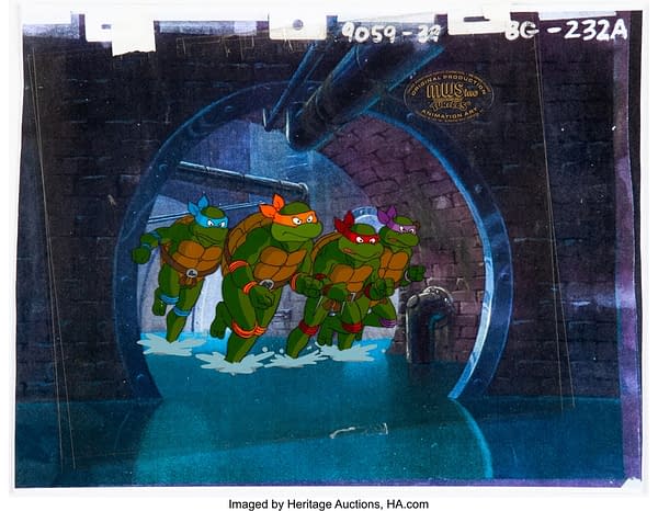 Teenage Mutant Ninja Turtles Leonardo, Michaelangelo, Raphael, and Donatello production cel. Credit: Heritage Auctions