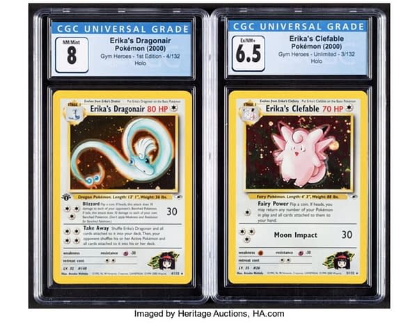 Erika's Dragonair and Clefable Pokémon cards up for bidding. Credit: Heritage Auctions
