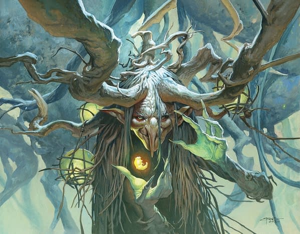 The full art for Willowdusk, Essence Seer, a new legendary creature card from Magic: The Gathering's Commander 2021 release and the face commander of the "Witherbloom Witchcraft" precon. Illustrated by Jesper Ejsing.