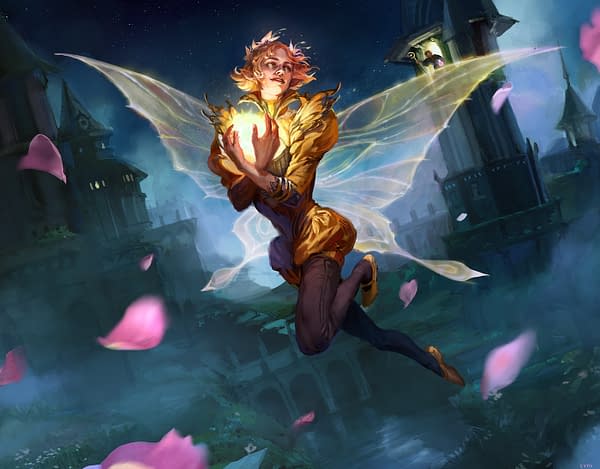 The full art for Ivy, Gleeful Spellthief, a card from Dominaria United, the next upcoming set for Magic: The Gathering. Illustrated by Evyn Fong.