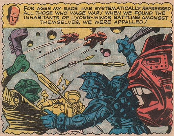 A vivid comic panel showcasing a battle between colorful, alien characters wielding futuristic weapons in a space setting. The background features various planets and celestial bodies.