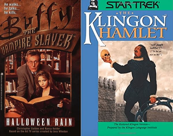 Two licensed media tie-in covers: Buffy the Vampire Slayer: Halloween Rain and Star Trek: The Klingon Hamlet. Credit: Simon Spotlight Entertainment and Pocket Books/Star Trek.