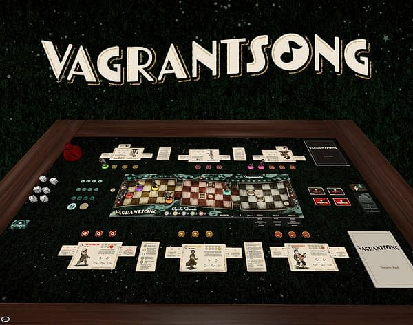 An array of components from Wyrd Games' Vagrantsong, a new board game that is available to preorder now, and during GenCon 2021.