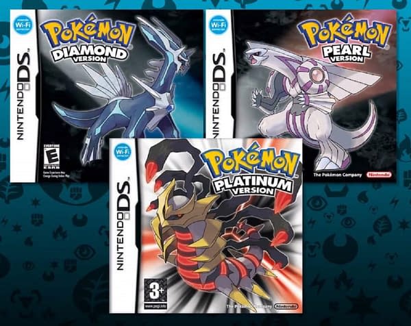 The box art for the original Pokémon Diamond and Pearl, shown here with Pokémon Platinum.