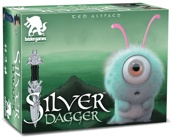 A rendering of the box for Silver Dagger, a new card game by Bezier Games, featuring the logo and the art for the Reverser card.