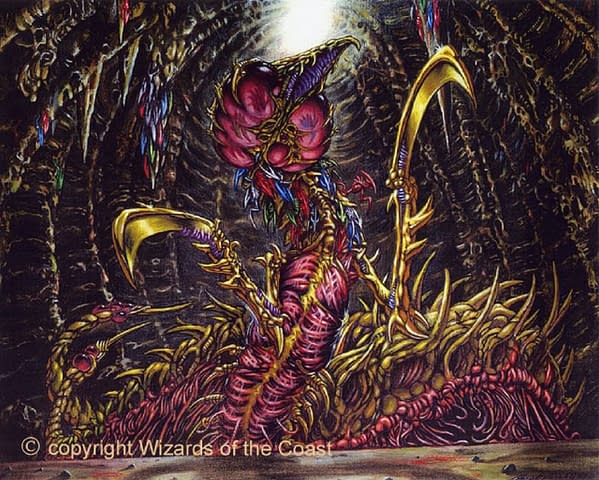 The artwork for the notorious Sliver Queen, from Magic: The Gathering's set Stronghold. Illustrated by Ron Spencer.