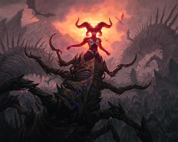 The full art for Sheoldred, the Apocalypse, a new card from Dominaria United, the next set for Magic: The Gathering. Illustrated by Chris Rahn.