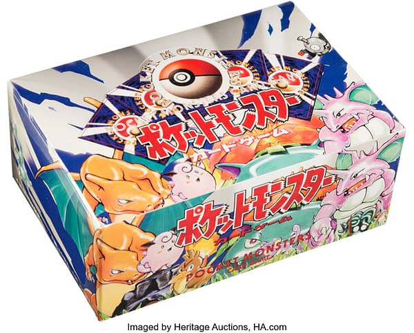 An angled photograph of the Japanese booster box of Base Set Pokémon TCG cards, currently on auction at Heritage Auctions.