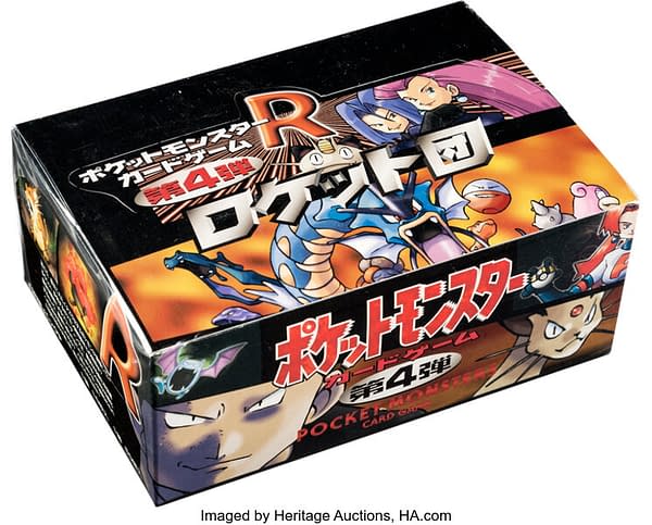 An angled photograph of the Japanese Team Rocket booster box from the Pokémon TCG, currently on auction at Heritage Auctions.