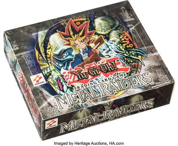An angled shot of the 1st Edition box of Metal Raiders from the Yu-Gi-Oh! card game. Currently available at auction on Heritage Auctions' website.