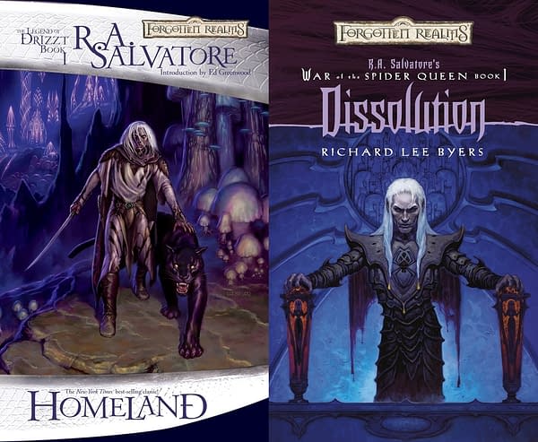 The covers of The Legend of Drizzt and The War of the Spider Queen.