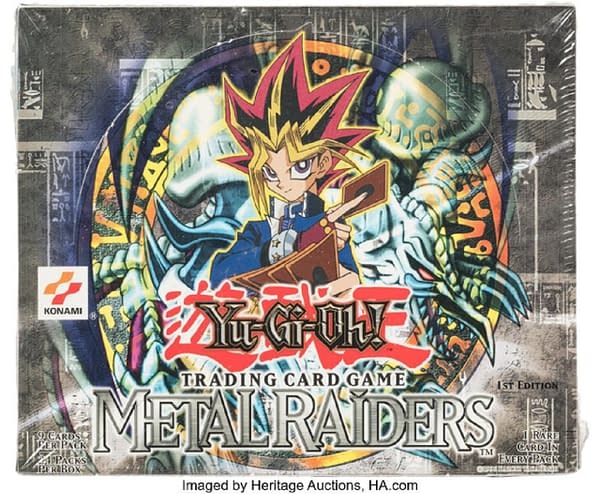 The front of the 1st Edition box of Metal Raiders from the Yu-Gi-Oh! card game. Currently available at auction on Heritage Auctions' website.