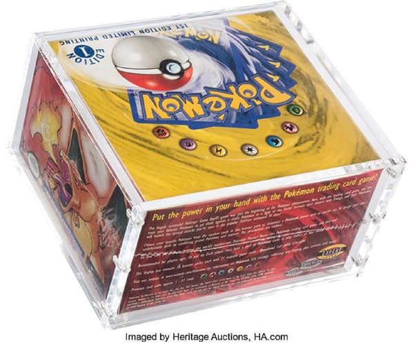 A back-angled shot of the box of first edition Base Set from the Pokémon TCG, on auction at Heritage Auctions right now!
