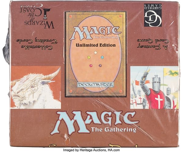 The front of the display box for ten Unlimited starter decks from Magic: The Gathering. Currently available on the auction block at Heritage Auctions.