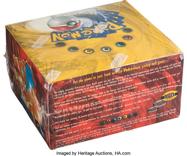 An angular rear view of the auctioned unlimited Base Set booster box from the Pokémon Trading Card Game.