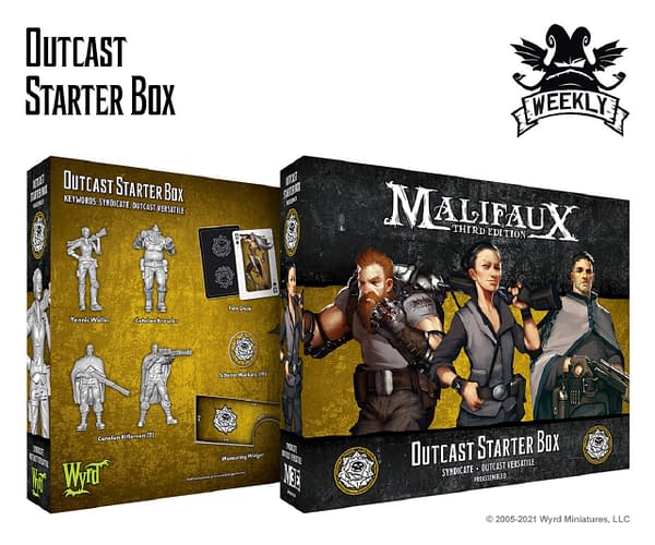 The front and back of the packaging for Malifaux's Outcast Starter Box by Wyrd Miniatures.