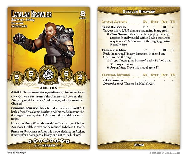 The front and back faces of the Catalan Brawler's stat card. Included in Malifaux's Outcast Starter Box.