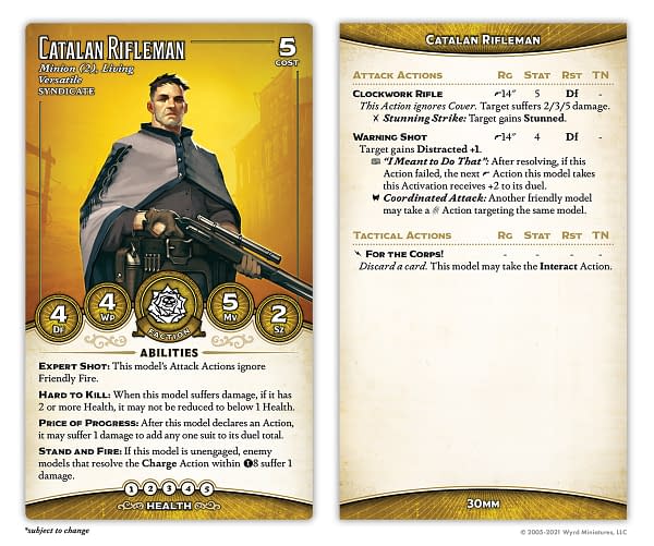 The stat card for one of two Catalan Riflemen, an all-new miniature type for Malifaux, to be found in the Outcasts Starter Box. Image Attributed to Wyrd Miniatures.