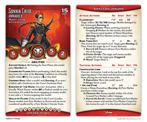 The front and back of the stat card for Sonnia Criid, Unmasked, a new, yet familiar Master for Malifaux's third edition. Attributed to Wyrd Miniatures.