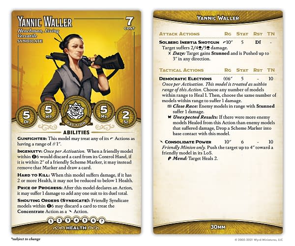 The stat card for Yannic Waller, an all-new character miniature for Malifaux, to be found in the Outcasts Starter Box. Image Attributed to Wyrd Miniatures.