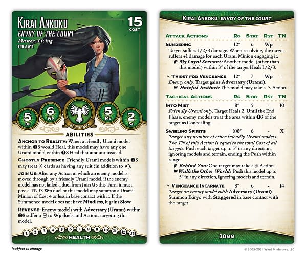 The stat cards for Kirai Ankoku, Envoy of the Court, from Wyrd Miniatures' objective-based skirmish game, Malifaux.