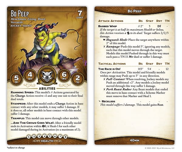 The stat card for Bo Peep, the Henchman character from Malifaux's Bayou Starter Box, attributed to Wyrd Miniatures.