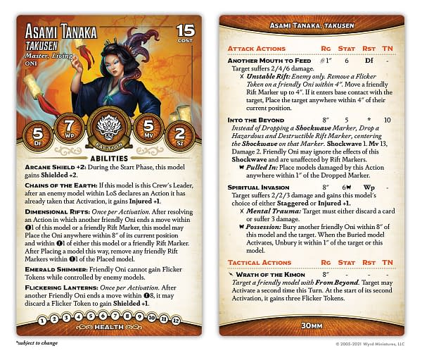 The front and back faces of the new card for Asami Tanaka, Takusen, from the third edition of Malifaux by Wyrd Games.