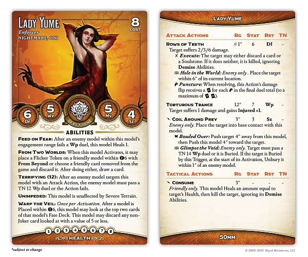 The stat card for Lady Yume, a new Nightmare/Oni model for the Ten Thunders faction and for The Dreamer. Image attributed to Malifaux Third Edition, by Wyrd Games.