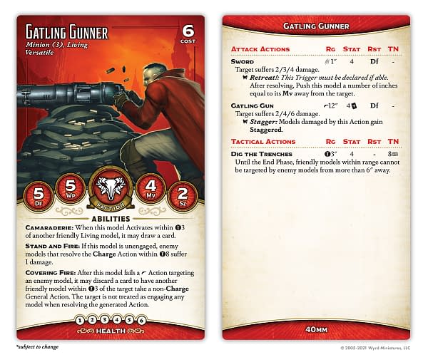 The Gatling Gunner's stat card from Malifaux Third Edition by Wyrd Games.