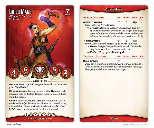 The Guild Mage's stat card from Malifaux Third Edition by Wyrd Games.
