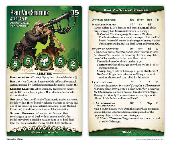 The front and back faces of the stat card for Prof. Von Schtook, Stargazer, an alternate title for Von Schtook within the third edition of Malifaux, a wargame by Wyrd Games.