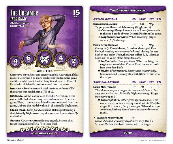 Wyrd Games Shows Off New Malifaux Master Title For ThThe stat card for The Dreamer, Insomniac, a new title for the Neverborn Master. Image attributed to Malifaux Third Edition, by Wyrd Games.e Dreamer